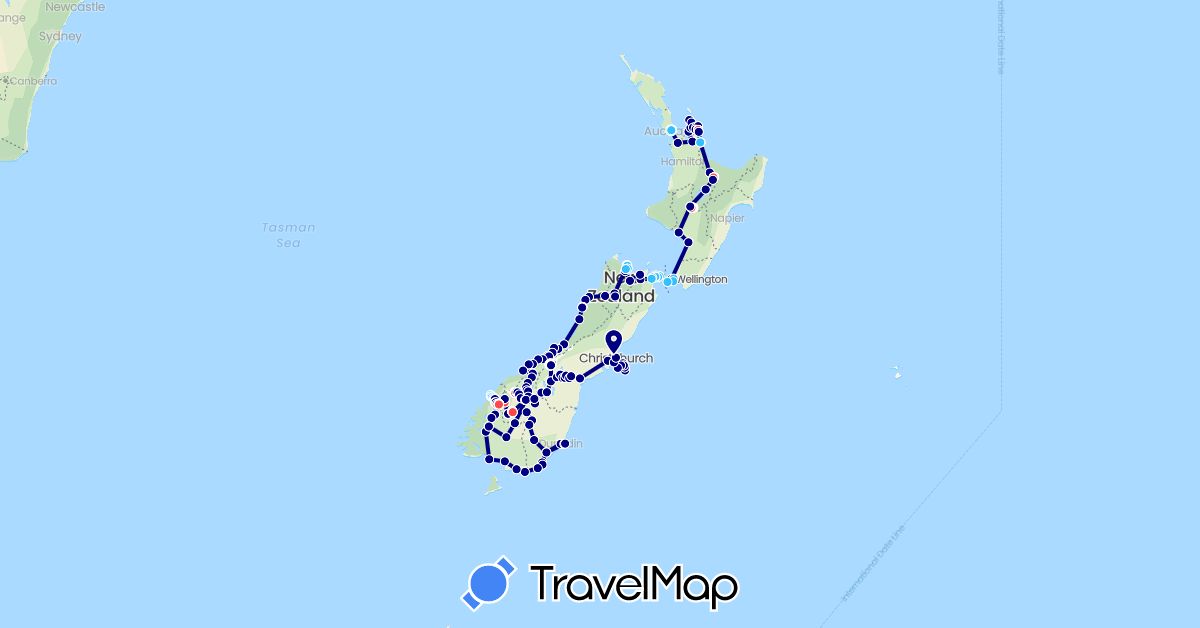 TravelMap itinerary: driving, hiking, boat in New Zealand (Oceania)